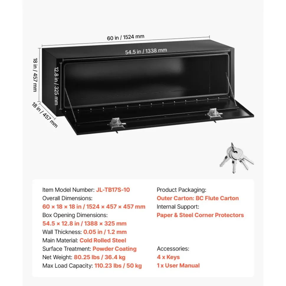 VEVOR Underbody Truck Tool Box, 60 x 18 x 18 Inch Heavy Duty Steel Trailer Storage Box with Lock & Keys, Waterproof Trailer Storage Organizer Under Body Chest with T-Handle for Truck, Van, SUV, Black