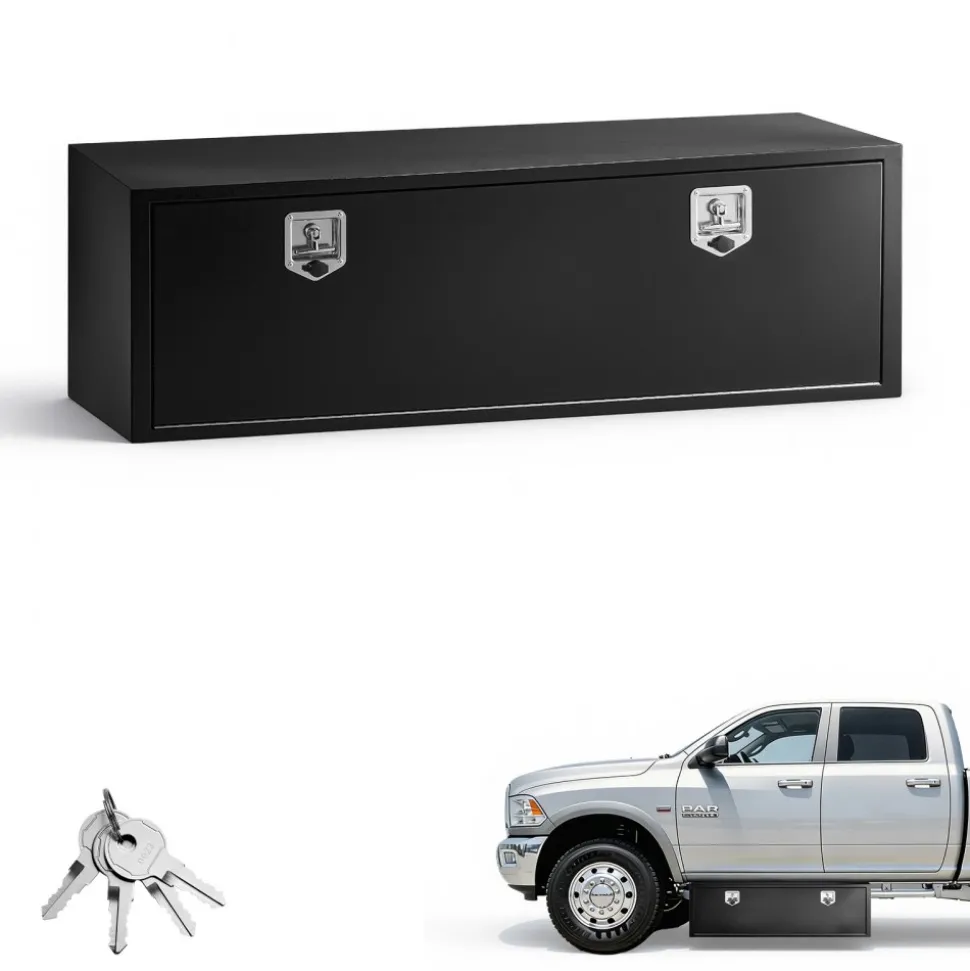 VEVOR Underbody Truck Tool Box, 60 x 18 x 18 Inch Heavy Duty Steel Trailer Storage Box with Lock & Keys, Waterproof Trailer Storage Organizer Under Body Chest with T-Handle for Truck, Van, SUV, Black