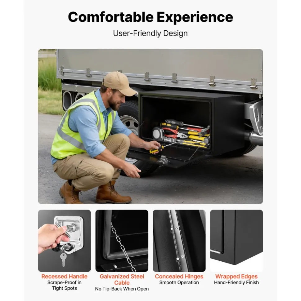 VEVOR Underbody Truck Tool Box, 48 x 24 x 24 Inch Heavy Duty Steel Trailer Storage Box with Lock & Keys, Waterproof Trailer Storage Organizer Under Body Chest with T-Handle for Truck, Van, SUV, Black