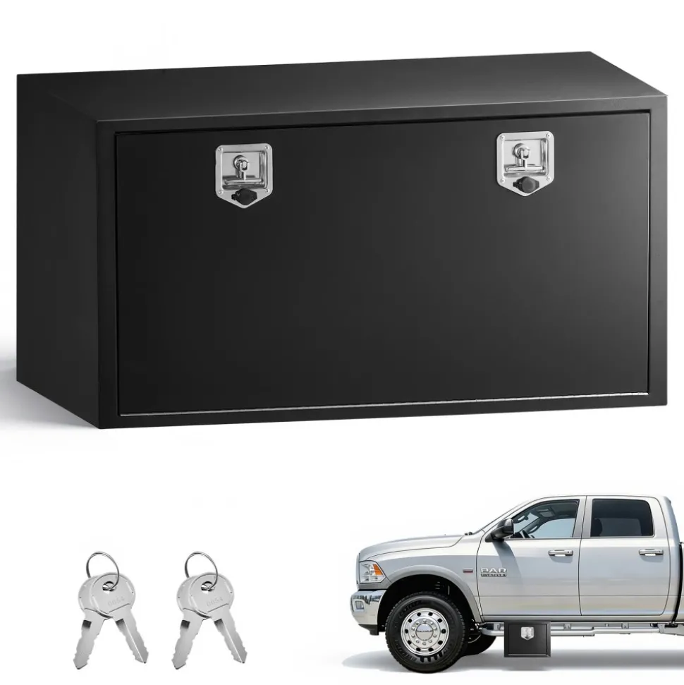 VEVOR Underbody Truck Tool Box, 48 x 24 x 24 Inch Heavy Duty Steel Trailer Storage Box with Lock & Keys, Waterproof Trailer Storage Organizer Under Body Chest with T-Handle for Truck, Van, SUV, Black