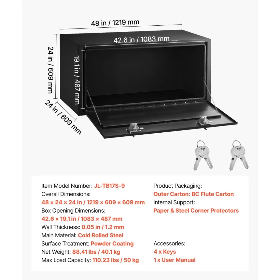 VEVOR Underbody Truck Tool Box, 48 x 24 x 24 Inch Heavy Duty Steel Trailer Storage Box with Lock & Keys, Waterproof Trailer Storage Organizer Under Body Chest with T-Handle for Truck, Van, SUV, Black