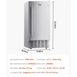 VEVOR Undercounter Built-in Ice Maker, 66 Lbs/Day Under Counter Nugget Ice Maker Machine with Reversible Door Stainless Steel, Freestanding Ice Maker for Commercial Home Kitchen, Electric Drainage