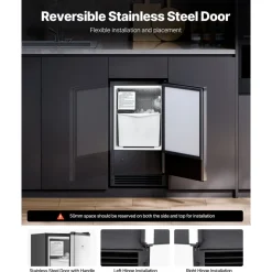 VEVOR Undercounter Built-in Ice Maker, 66 Lbs/Day Under Counter Nugget Ice Maker Machine with Reversible Door Stainless Steel, Freestanding Ice Maker for Commercial Home Kitchen, Electric Drainage