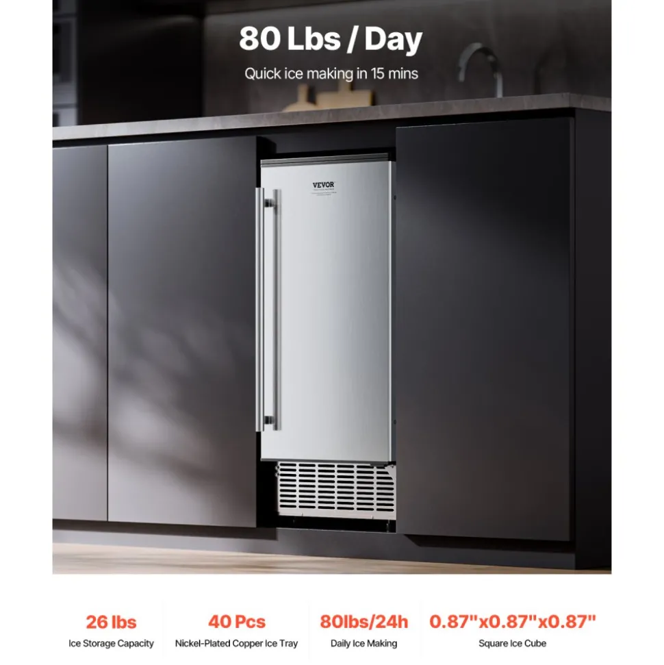 VEVOR Undercounter Built-in Ice Maker, 80 Lbs/Day Under Counter Ice Maker Machine with Drain Pump Reversible Door Stainless Steel, Freestanding Ice Maker for Commercial Home Kitchen