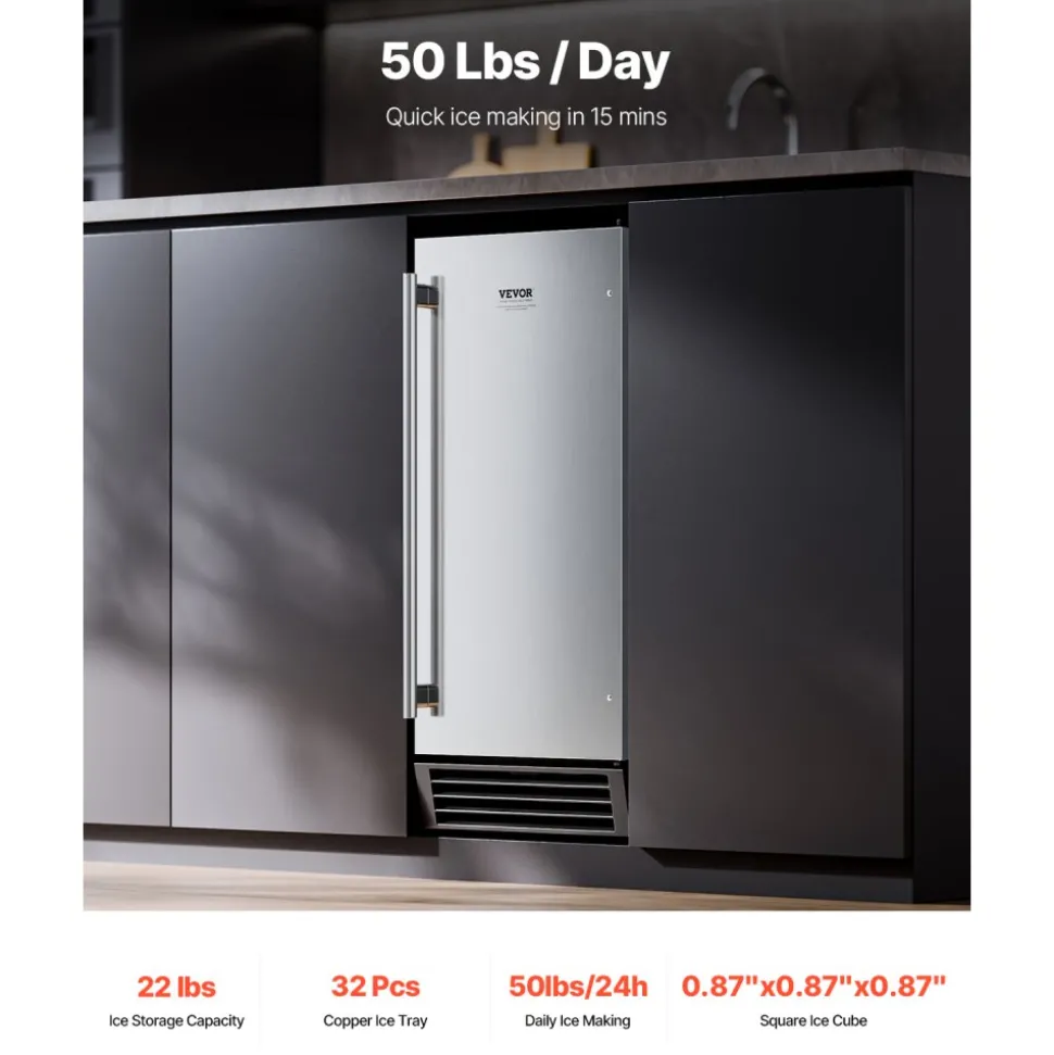 VEVOR Undercounter Built-in Ice Maker, 50 Lbs/Day Under Counter Ice Maker Machine with Drain Pump Reversible Door Stainless Steel, Freestanding Ice Maker for Commercial Home Kitchen