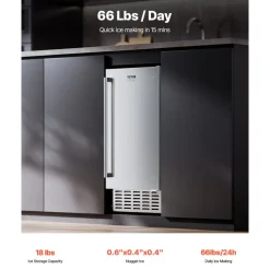 VEVOR Undercounter Built-in Ice Maker, 66 Lbs/Day Under Counter Nugget Ice Maker Machine with Drain Pump Reversible Door Stainless Steel, Freestanding Ice Maker for Commercial Home Kitchen