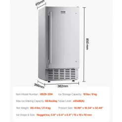 VEVOR Undercounter Built-in Ice Maker, 66 Lbs/Day Under Counter Nugget Ice Maker Machine with Drain Pump Reversible Door Stainless Steel, Freestanding Ice Maker for Commercial Home Kitchen