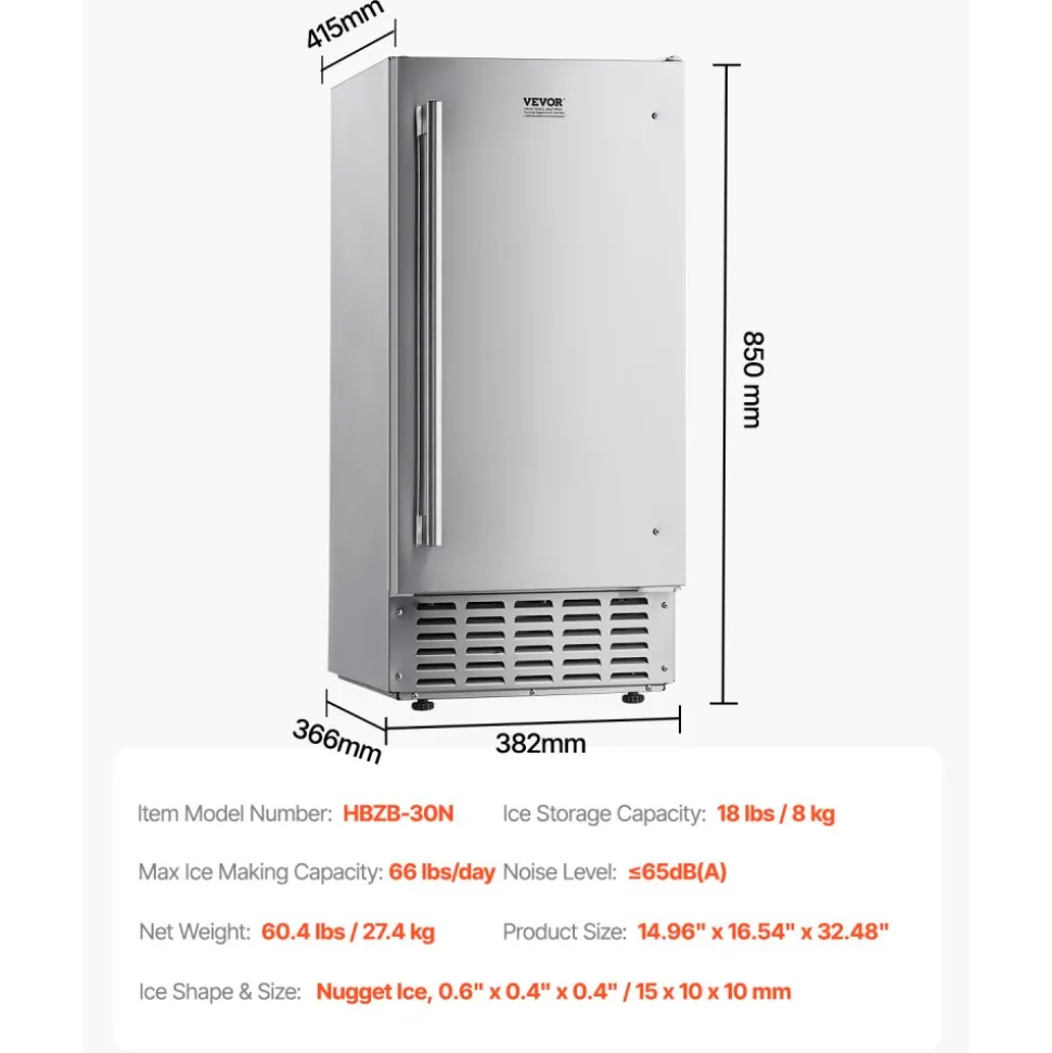 VEVOR Undercounter Built-in Ice Maker, 66 Lbs/Day Under Counter Nugget Ice Maker Machine with Drain Pump Reversible Door Stainless Steel, Freestanding Ice Maker for Commercial Home Kitchen