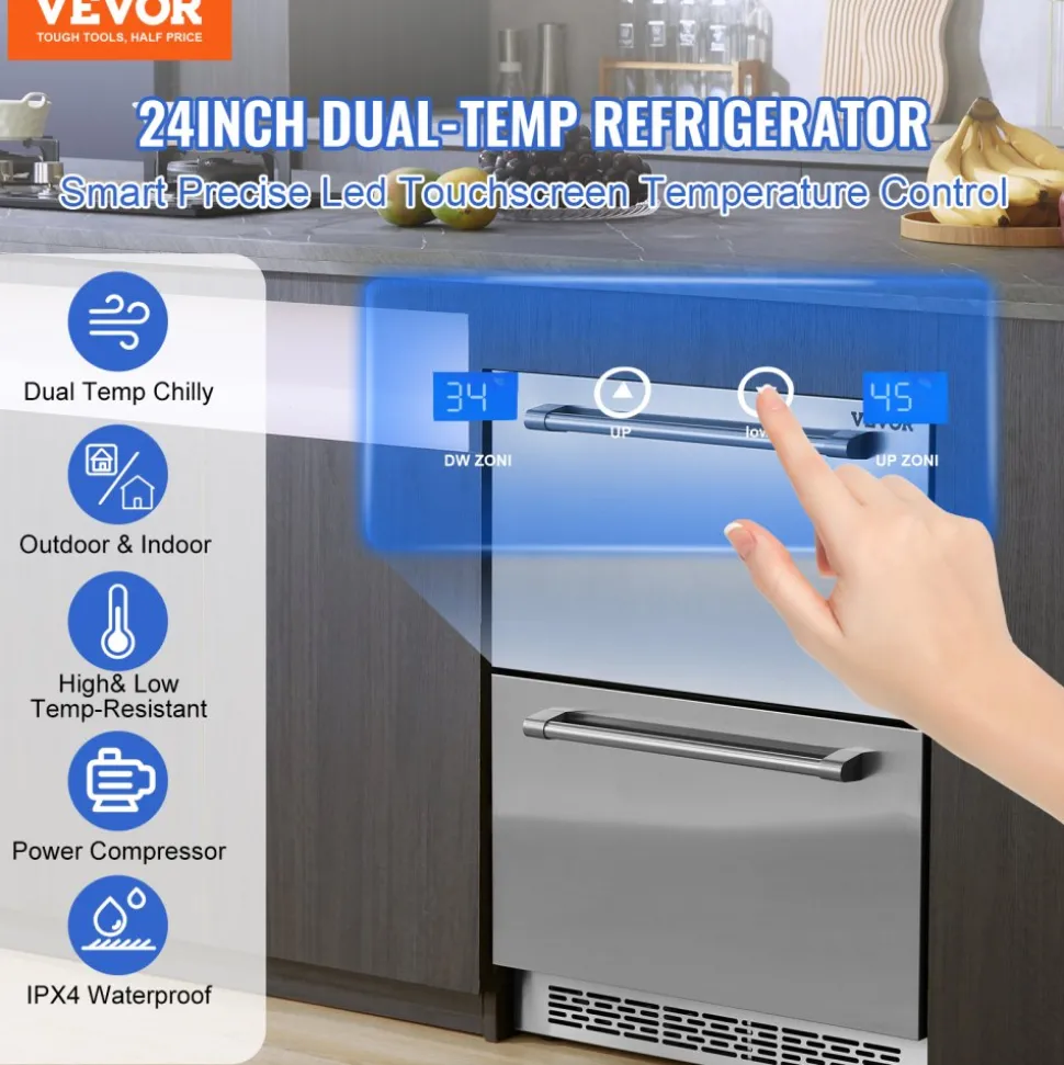 VEVOR 24" Undercounter Refrigerator, 2 Drawer Wine Refrigerator with Different Temperature, 4.87 Cu.ft. Capacity, Waterproof Indoor and Outdoor Under Counter Drawer Fridge for Home and Commercial Use
