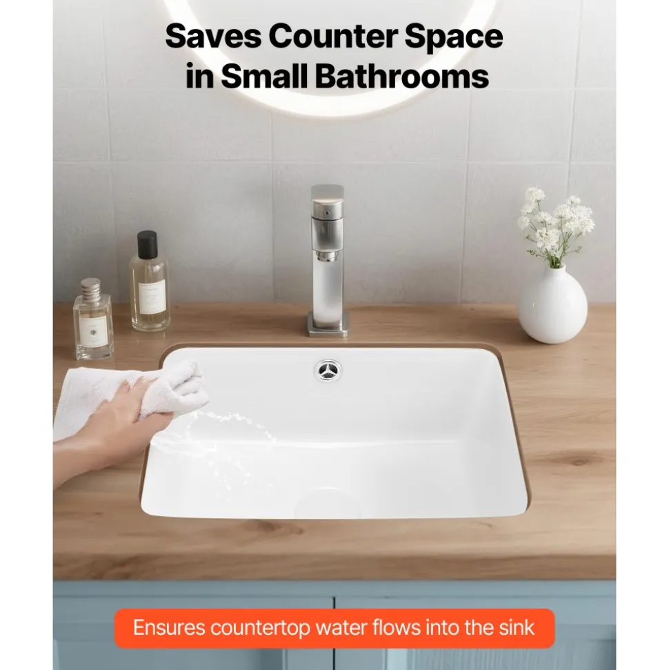 VEVOR Undermount Bathroom Sink, 15.75 x 12.01 Inch Rectangular White Ceramic Vessel Sink with Overflow Hole, Under Counter Drop in Modern Lavatory Vanity Bath Wash Bowl Basin, Rectangle Small Space