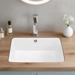 VEVOR Undermount Bathroom Sink, 15.75 x 12.01 Inch Rectangular White Ceramic Vessel Sink with Overflow Hole, Under Counter Drop in Modern Lavatory Vanity Bath Wash Bowl Basin, Rectangle Small Space