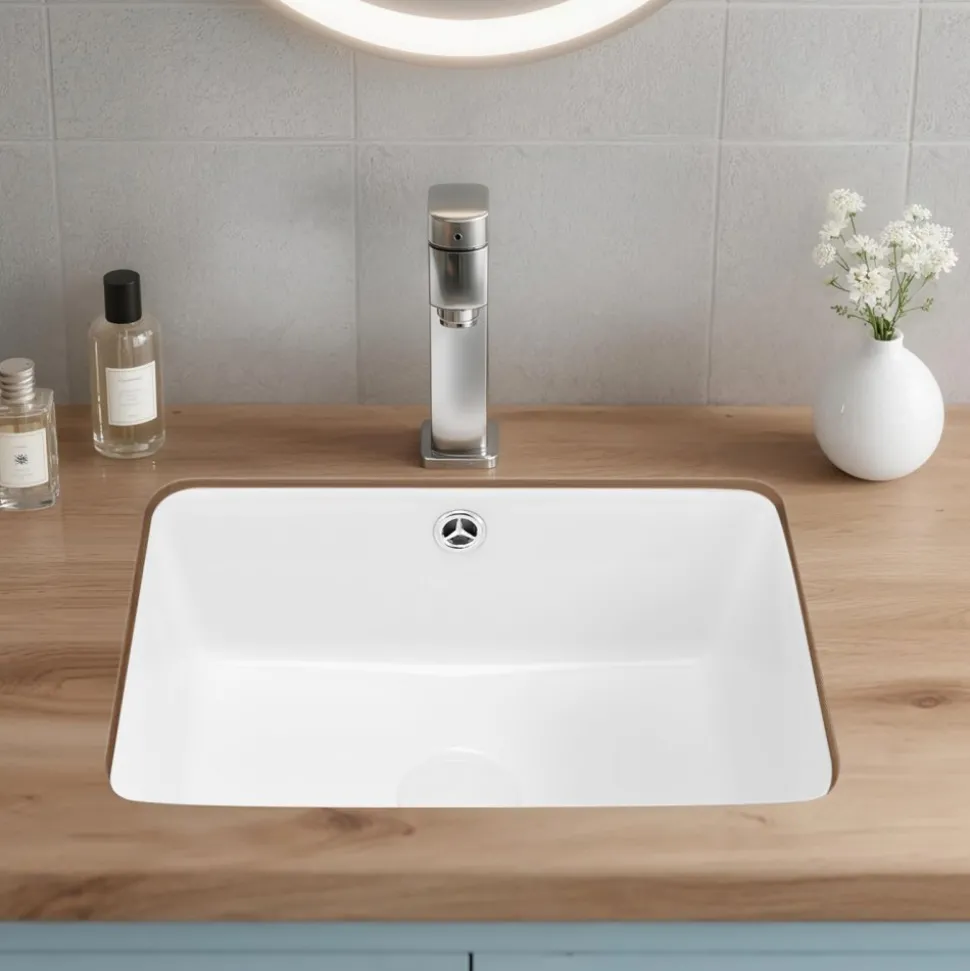 VEVOR Undermount Bathroom Sink, 15.75 x 12.01 Inch Rectangular White Ceramic Vessel Sink with Overflow Hole, Under Counter Drop in Modern Lavatory Vanity Bath Wash Bowl Basin, Rectangle Small Space