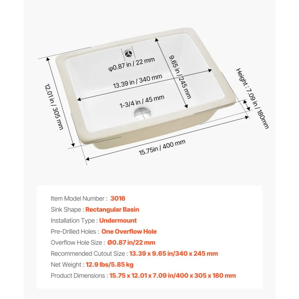VEVOR Undermount Bathroom Sink, 15.75 x 12.01 Inch Rectangular White Ceramic Vessel Sink with Overflow Hole, Under Counter Drop in Modern Lavatory Vanity Bath Wash Bowl Basin, Rectangle Small Space