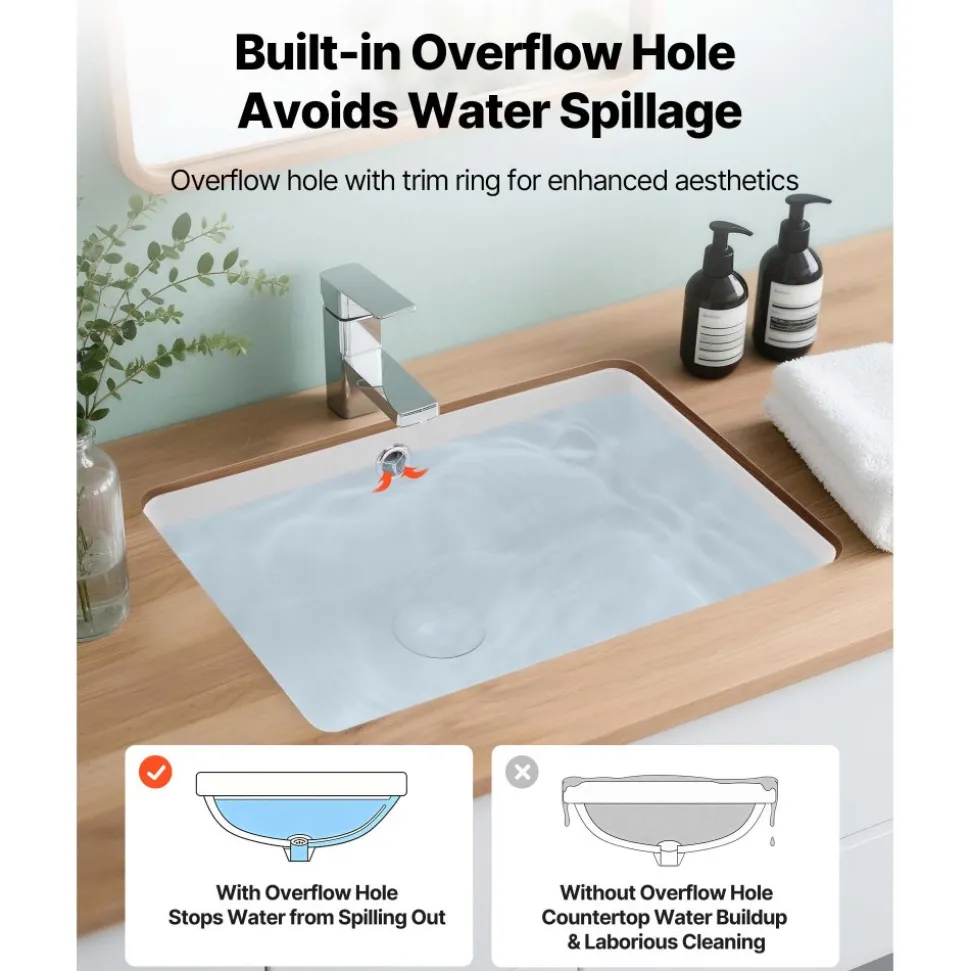 VEVOR Undermount Bathroom Sink, 18.5 x 13.19 Inch Rectangular White Ceramic Vessel Sink with Overflow Hole, Under Counter Drop in Modern Lavatory Vanity Bath Wash Bowl Basin, Rectangle Small Space