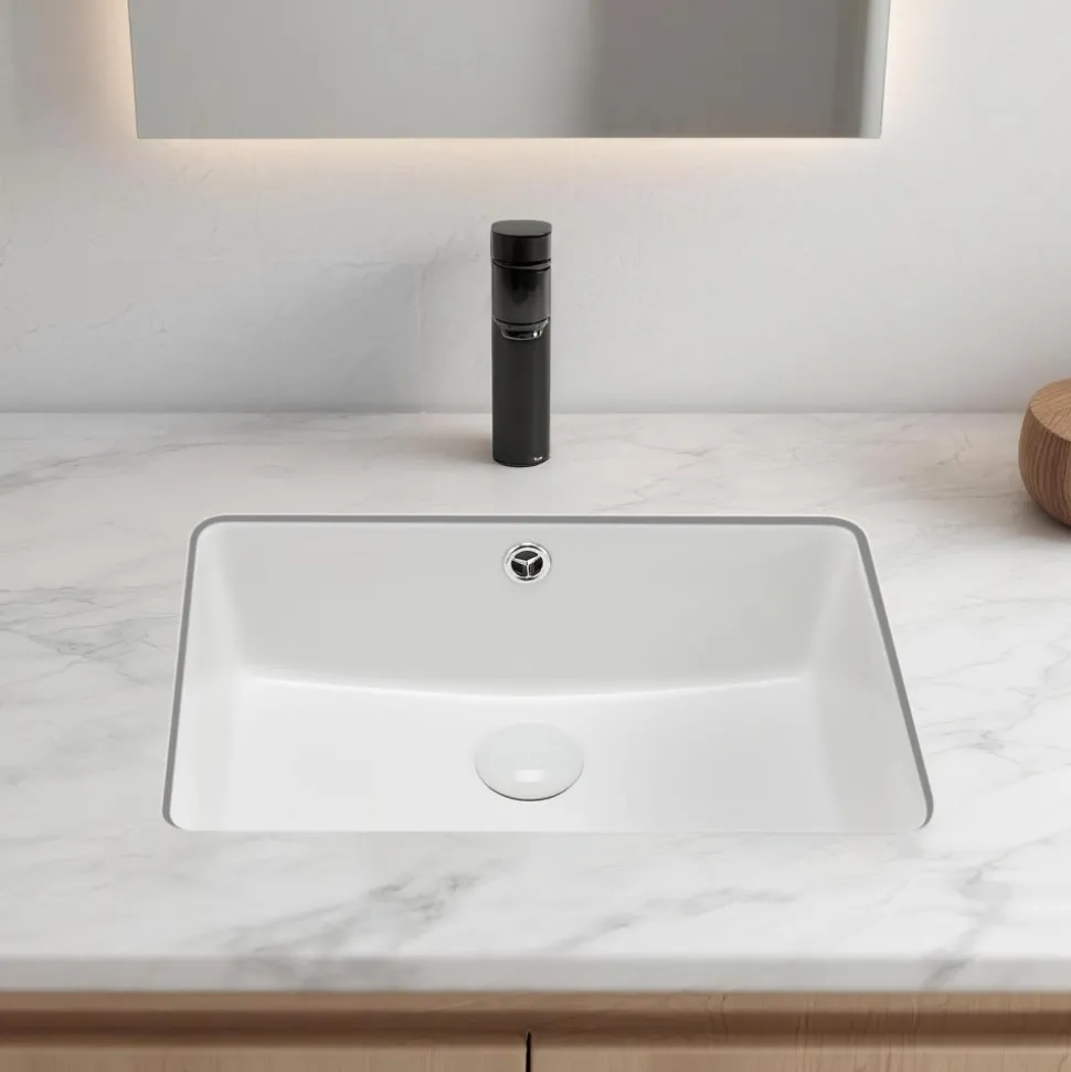 VEVOR Undermount Bathroom Sink, 18.5 x 13.19 Inch Rectangular White Ceramic Vessel Sink with Overflow Hole, Under Counter Drop in Modern Lavatory Vanity Bath Wash Bowl Basin, Rectangle Small Space
