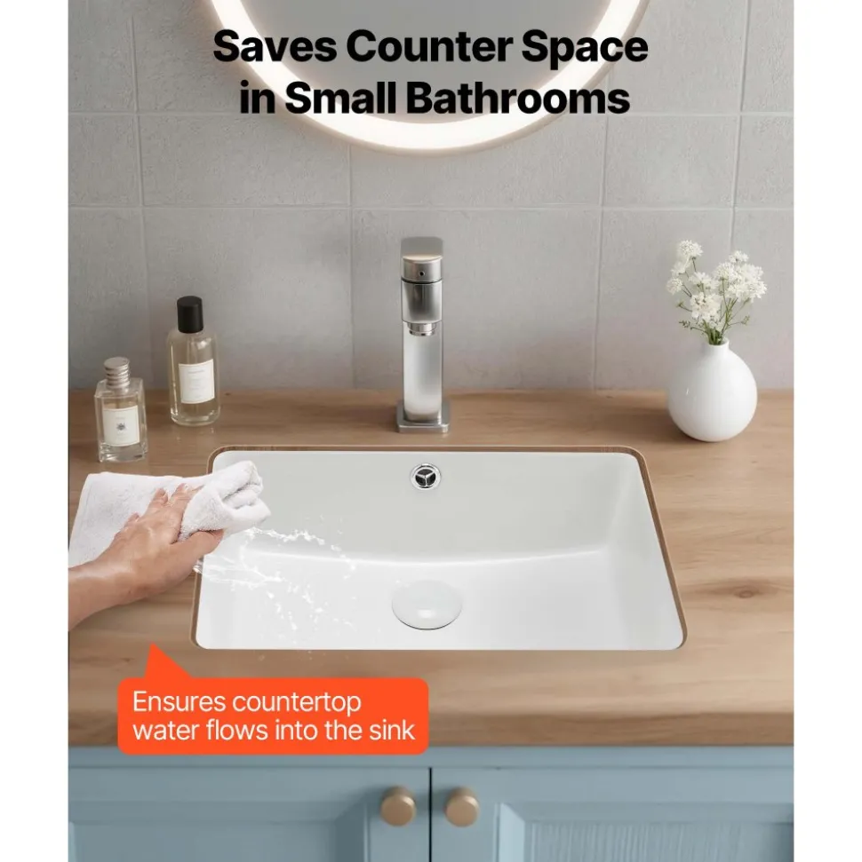 VEVOR Undermount Bathroom Sink, 18.5 x 13.19 Inch Rectangular White Ceramic Vessel Sink with Overflow Hole, Under Counter Drop in Modern Lavatory Vanity Bath Wash Bowl Basin, Rectangle Small Space