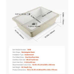 VEVOR Undermount Bathroom Sink, 18.5 x 13.19 Inch Rectangular White Ceramic Vessel Sink with Overflow Hole, Under Counter Drop in Modern Lavatory Vanity Bath Wash Bowl Basin, Rectangle Small Space