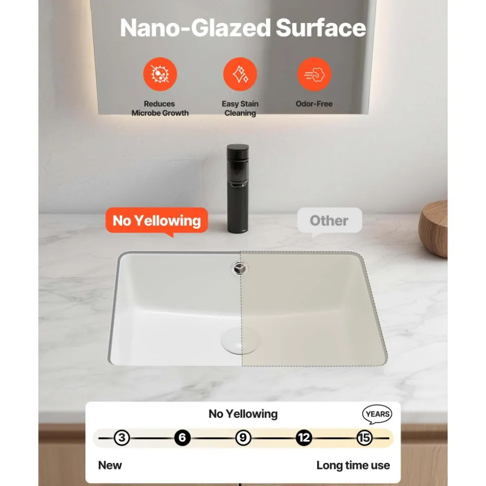 VEVOR Undermount Bathroom Sink, 18.5 x 13.19 Inch Rectangular White Ceramic Vessel Sink with Overflow Hole, Under Counter Drop in Modern Lavatory Vanity Bath Wash Bowl Basin, Rectangle Small Space