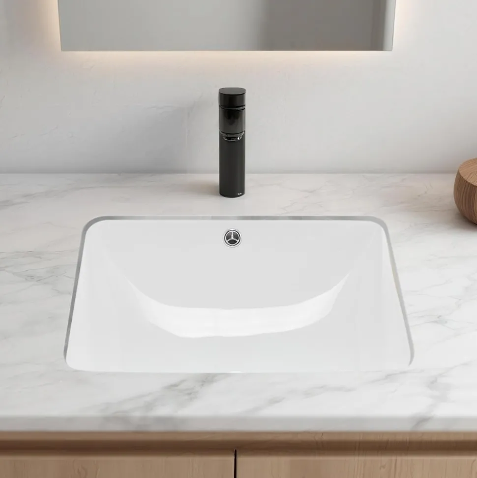 VEVOR Undermount Bathroom Sink, 20.28 x 15.16 Inch Rectangular White Ceramic Vessel Sink with Overflow Hole, Under Counter Drop in Modern Lavatory Vanity Bath Wash Bowl Basin, Rectangle Small Space