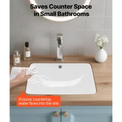 VEVOR Undermount Bathroom Sink, 20.28 x 15.16 Inch Rectangular White Ceramic Vessel Sink with Overflow Hole, Under Counter Drop in Modern Lavatory Vanity Bath Wash Bowl Basin, Rectangle Small Space