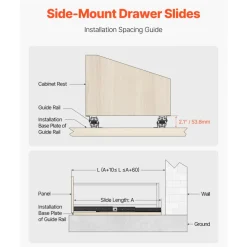 VEVOR Undermount Drawer Slides, 24 inch, Full Extension Ball Bearing Under Stair Cabinet Rails, 260 LB Load Capacity Heavy Duty Bottom Stair Cabinet Glides Track Runners,for DIY Replacement, Black