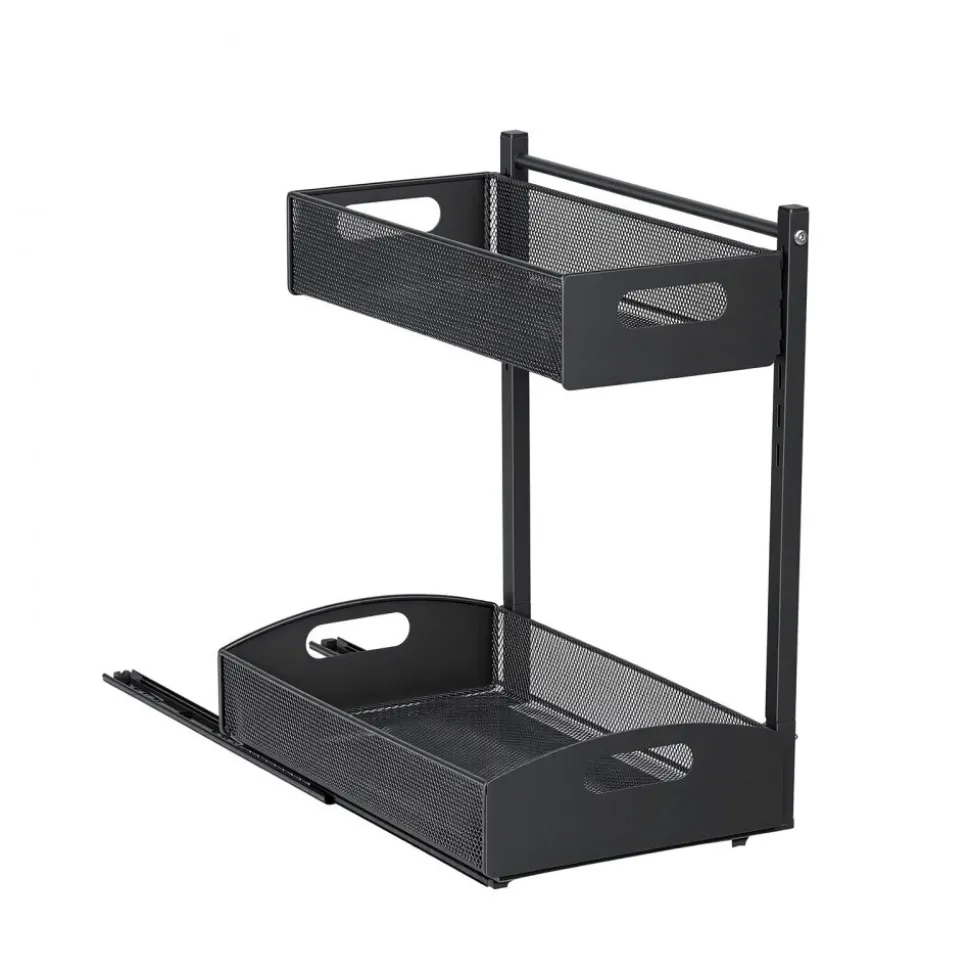 VEVOR Under Sink Organizer, 2 Pack 2-Tier Pull Out Cabinet Organizer with 4-Level Height Adjustment, Metal Slide Out Shelf, Multi-Purpose Cabinet Organizers and Storage for Bathroom & Kitchen, Black