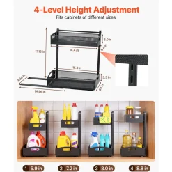 VEVOR Under Sink Organizer, 2 Pack 2-Tier Pull Out Cabinet Organizer with 4-Level Height Adjustment, Metal Slide Out Shelf, Multi-Purpose Cabinet Organizers and Storage for Bathroom & Kitchen, Black