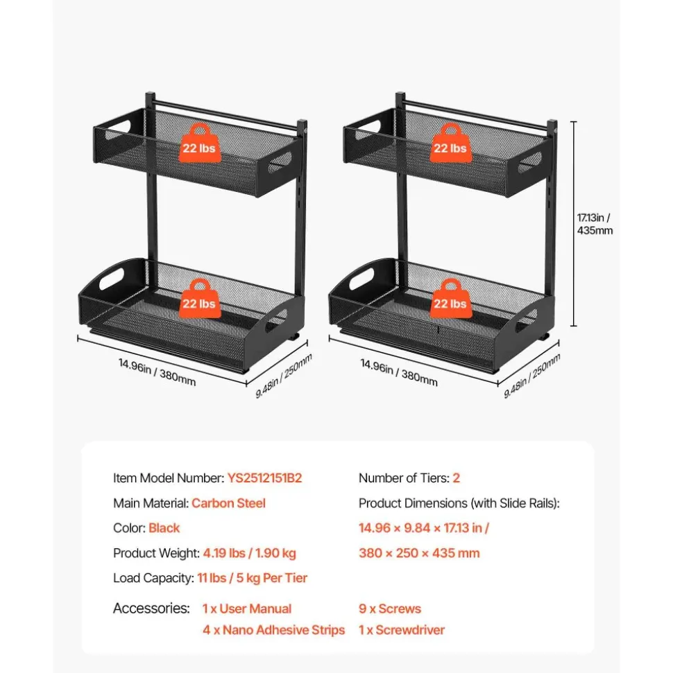 VEVOR Under Sink Organizer, 2 Pack 2-Tier Pull Out Cabinet Organizer with 4-Level Height Adjustment, Metal Slide Out Shelf, Multi-Purpose Cabinet Organizers and Storage for Bathroom & Kitchen, Black