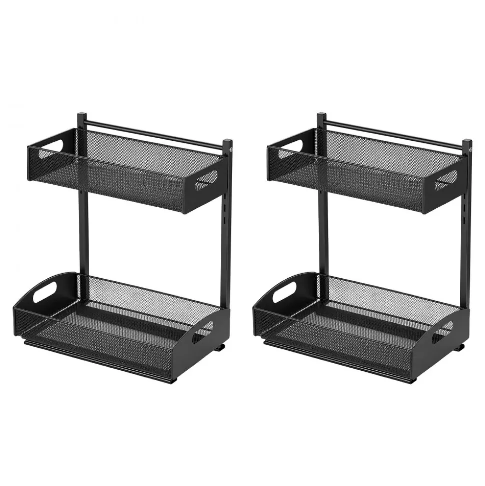 VEVOR Under Sink Organizer, 2 Pack 2-Tier Pull Out Cabinet Organizer with 4-Level Height Adjustment, Metal Slide Out Shelf, Multi-Purpose Cabinet Organizers and Storage for Bathroom & Kitchen, Black