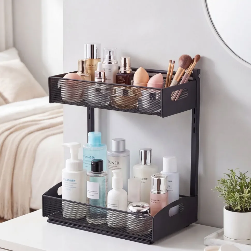 VEVOR Under Sink Organizer, 2 Pack 2-Tier Pull Out Cabinet Organizer with 4-Level Height Adjustment, Metal Slide Out Shelf, Multi-Purpose Cabinet Organizers and Storage for Bathroom & Kitchen, Black