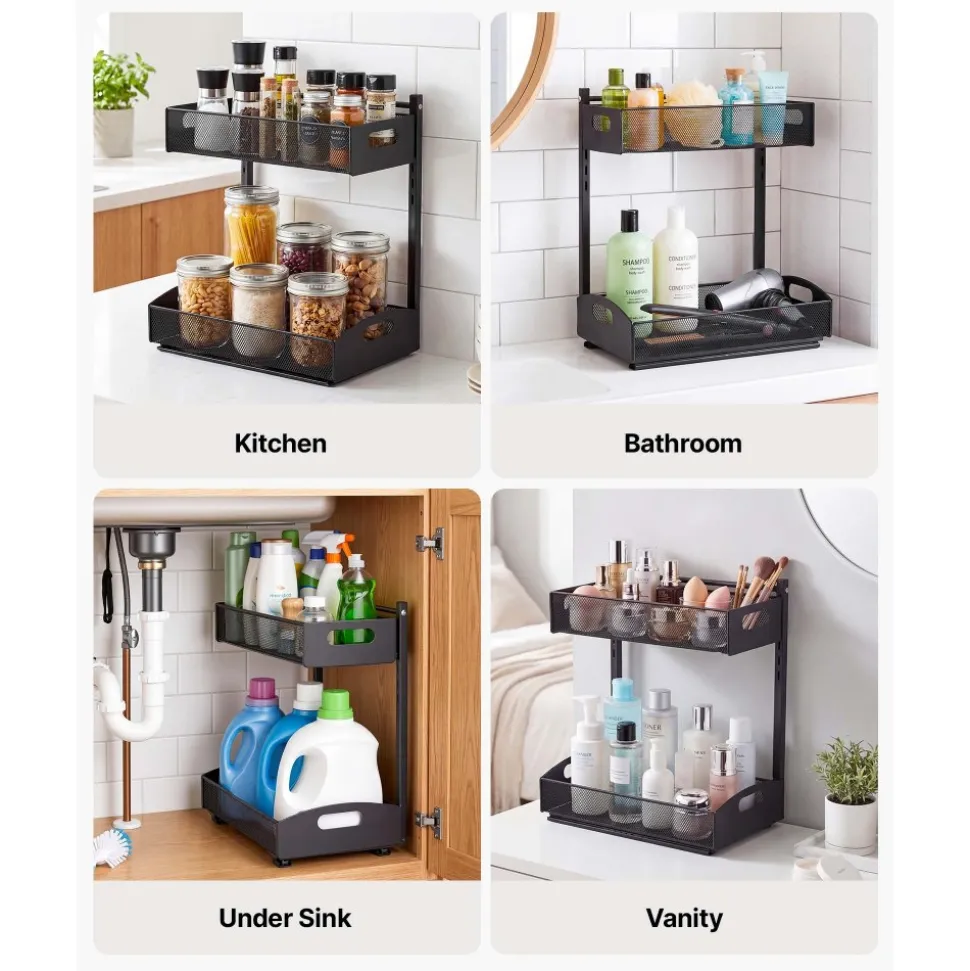 VEVOR Under Sink Organizer, 2 Pack 2-Tier Pull Out Cabinet Organizer with 4-Level Height Adjustment, Metal Slide Out Shelf, Multi-Purpose Cabinet Organizers and Storage for Bathroom & Kitchen, Black