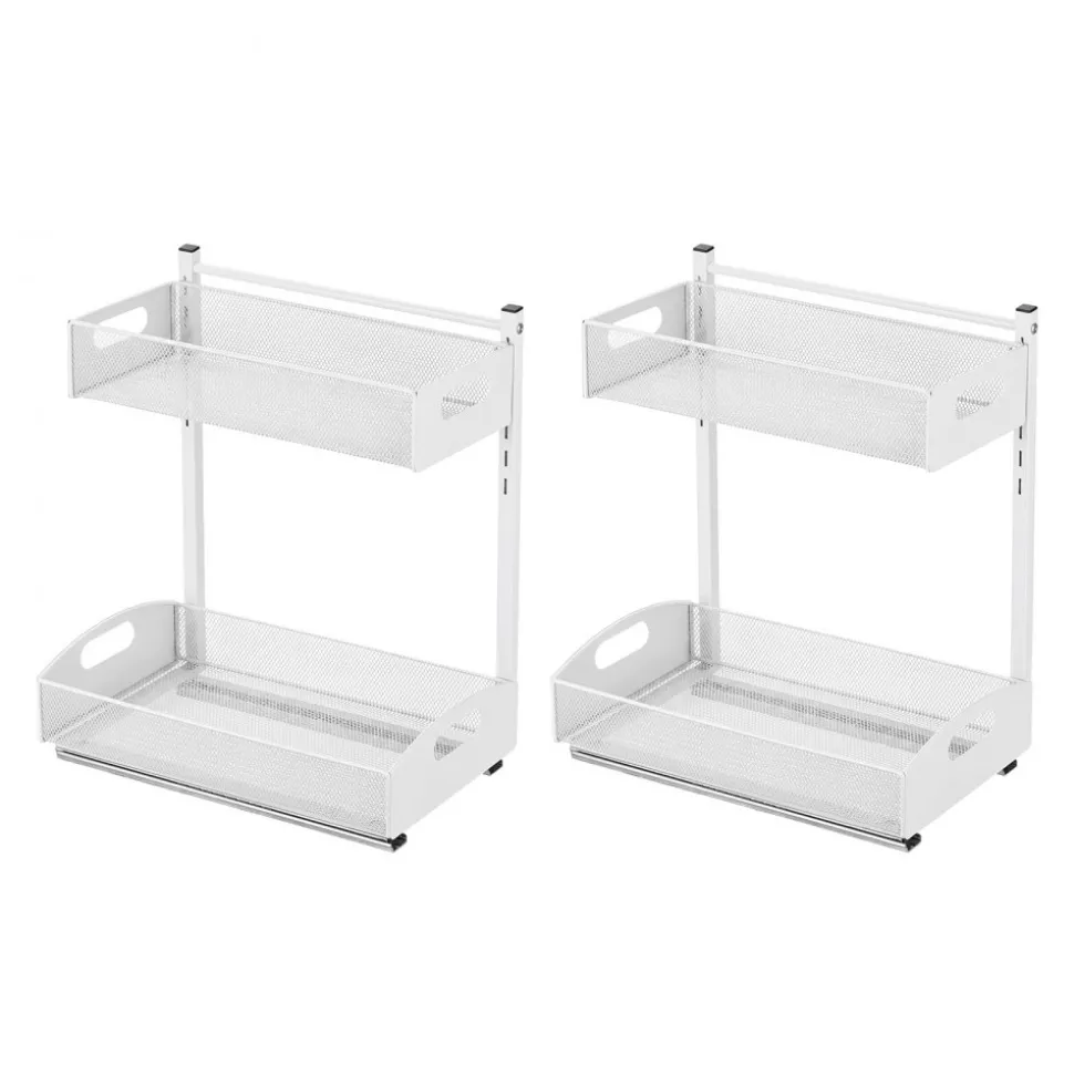 VEVOR Under Sink Organizer, 2 Pack 2-Tier Pull Out Cabinet Organizer with 4-Level Height Adjustment, Metal Slide Out Shelf, Multi-Purpose Cabinet Organizers and Storage for Bathroom & Kitchen, White