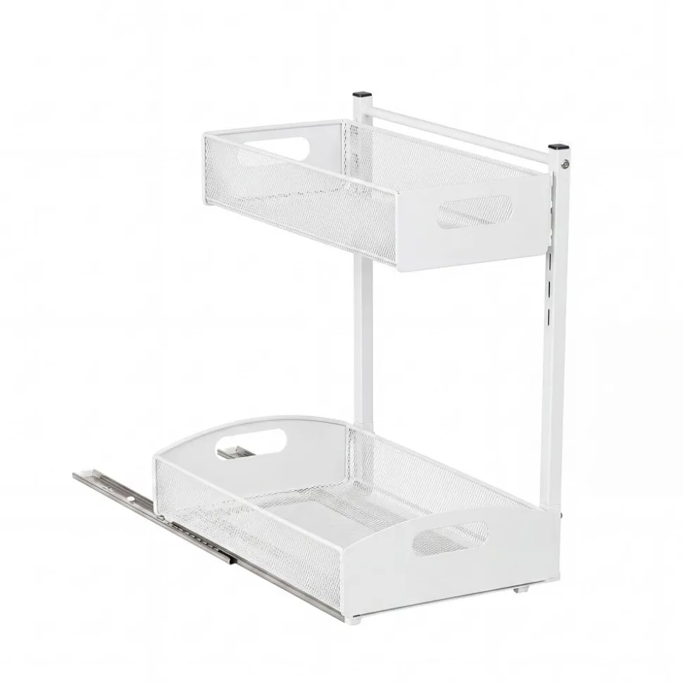 VEVOR Under Sink Organizer, 2 Pack 2-Tier Pull Out Cabinet Organizer with 4-Level Height Adjustment, Metal Slide Out Shelf, Multi-Purpose Cabinet Organizers and Storage for Bathroom & Kitchen, White