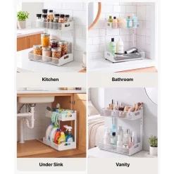 VEVOR Under Sink Organizer, 2 Pack 2-Tier Pull Out Cabinet Organizer with 4-Level Height Adjustment, Metal Slide Out Shelf, Multi-Purpose Cabinet Organizers and Storage for Bathroom & Kitchen, White