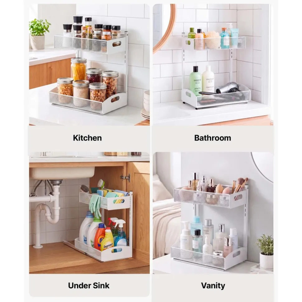 VEVOR Under Sink Organizer, 2 Pack 2-Tier Pull Out Cabinet Organizer with 4-Level Height Adjustment, Metal Slide Out Shelf, Multi-Purpose Cabinet Organizers and Storage for Bathroom & Kitchen, White