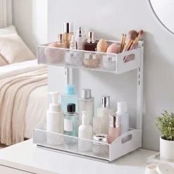 VEVOR Under Sink Organizer, 2 Pack 2-Tier Pull Out Cabinet Organizer with 4-Level Height Adjustment, Metal Slide Out Shelf, Multi-Purpose Cabinet Organizers and Storage for Bathroom & Kitchen, White