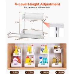 VEVOR Under Sink Organizer, 2 Pack 2-Tier Pull Out Cabinet Organizer with 4-Level Height Adjustment, Metal Slide Out Shelf, Multi-Purpose Cabinet Organizers and Storage for Bathroom & Kitchen, White