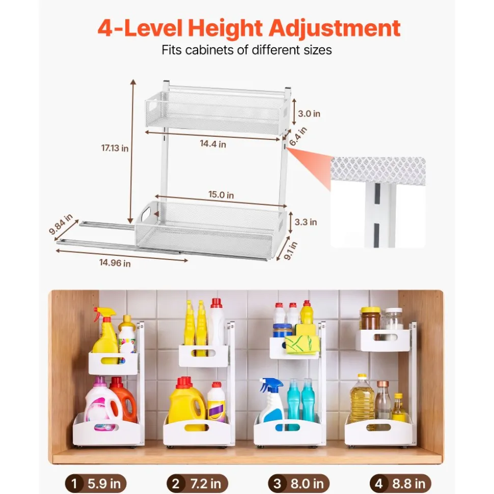 VEVOR Under Sink Organizer, 2 Pack 2-Tier Pull Out Cabinet Organizer with 4-Level Height Adjustment, Metal Slide Out Shelf, Multi-Purpose Cabinet Organizers and Storage for Bathroom & Kitchen, White