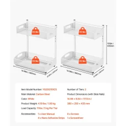 VEVOR Under Sink Organizer, 2 Pack 2-Tier Pull Out Cabinet Organizer with 4-Level Height Adjustment, Metal Slide Out Shelf, Multi-Purpose Cabinet Organizers and Storage for Bathroom & Kitchen, White