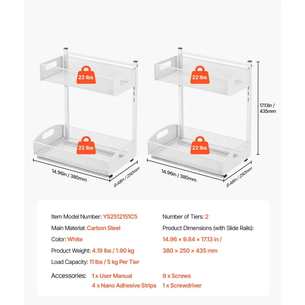 VEVOR Under Sink Organizer, 2 Pack 2-Tier Pull Out Cabinet Organizer with 4-Level Height Adjustment, Metal Slide Out Shelf, Multi-Purpose Cabinet Organizers and Storage for Bathroom & Kitchen, White