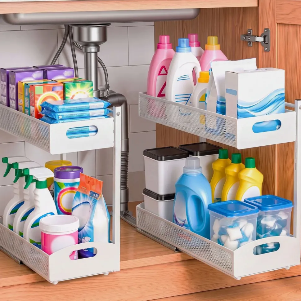 VEVOR Under Sink Organizer, 2 Pack 2-Tier Pull Out Cabinet Organizer with 4-Level Height Adjustment, Metal Slide Out Shelf, Multi-Purpose Cabinet Organizers and Storage for Bathroom & Kitchen, White
