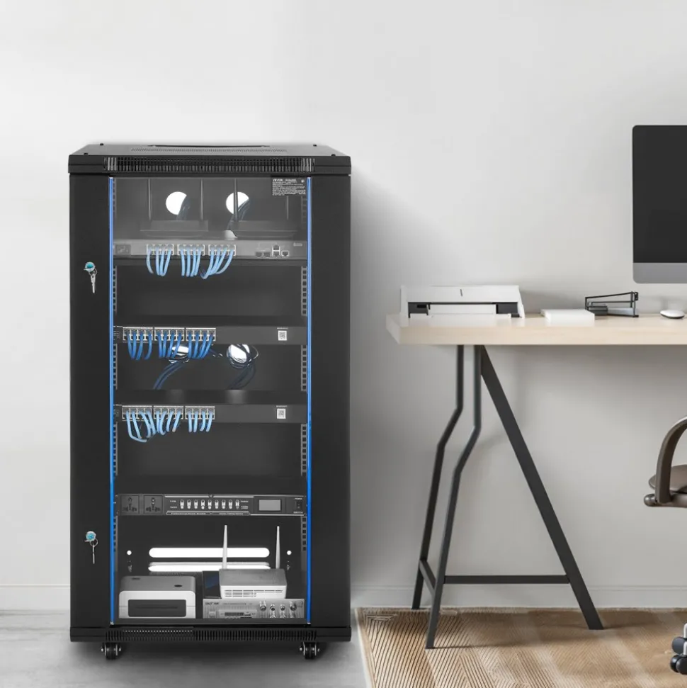 VEVOR 22U Network Cabinet Wall Mount, 23.6 in Depth, 300 lbs Max Load Capacity Server Cabinet Rack Enclosure with Locking Tempered Glass Door, Side Panels, Server Rack for IT Equipment, A/V Devices