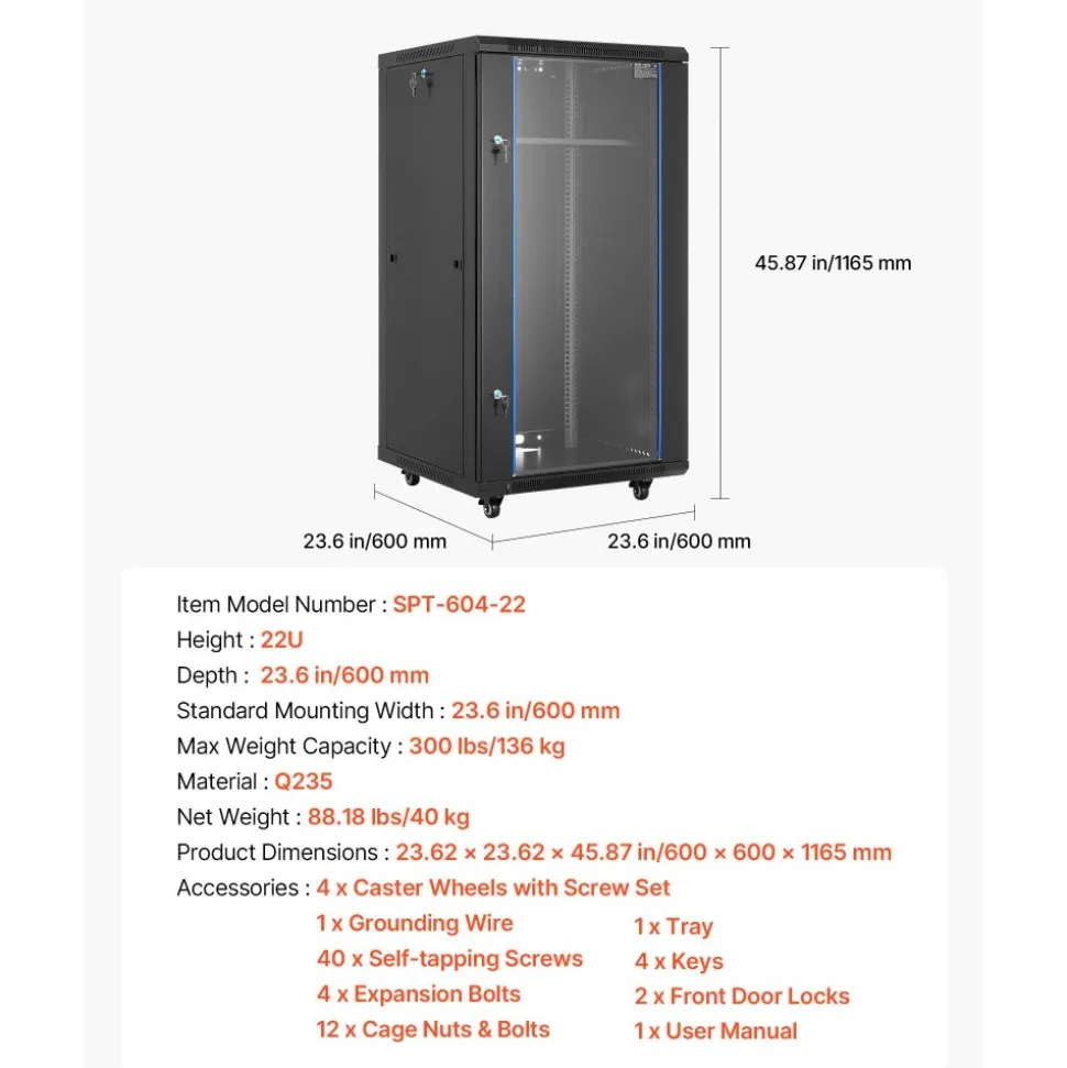VEVOR 22U Network Cabinet Wall Mount, 23.6 in Depth, 300 lbs Max Load Capacity Server Cabinet Rack Enclosure with Locking Tempered Glass Door, Side Panels, Server Rack for IT Equipment, A/V Devices