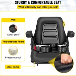VEVOR Universal Fold Down Forklift Seat with Retractable Safety Belt, Armrest,Adjustable Seat for Excavator, Forklift, Tractor, Skid Loader, Backhoe Dozer Telehandler