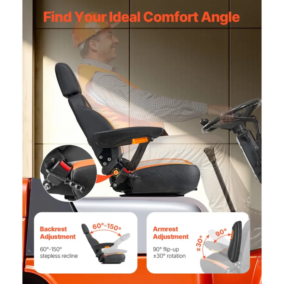 VEVOR Universal Forklift Seat, Tractor Seat with Adjustable Back, Armrest, Headrest & Safety Belt, Secure Tractor Seat with Micro Switch, Ergonomic Lawnmower Seat for Skid Loader Bulldozer
