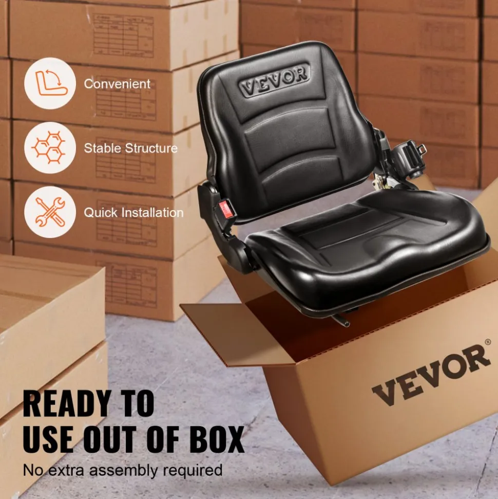 VEVOR Universal Forklift Seat, Fold Down Tractor Seat with Adjustable Angle Back, Micro Switch and Retractable Seatbelt, 6.3-13.4 inch Slot Forklift Seat for Tractor Loader Excavator