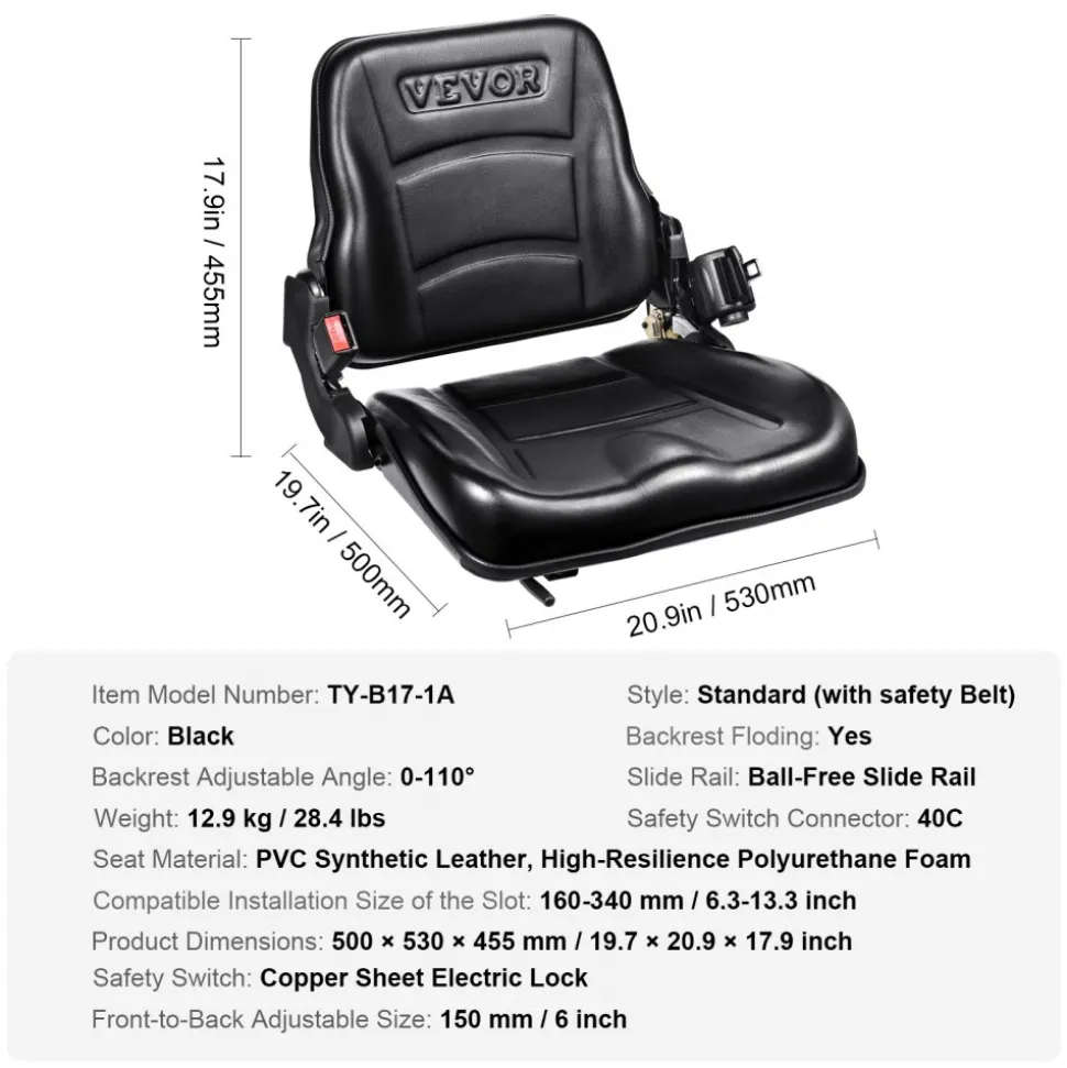 VEVOR Universal Forklift Seat, Fold Down Tractor Seat with Adjustable Angle Back, Micro Switch and Retractable Seatbelt, 6.3-13.4 inch Slot Forklift Seat for Tractor Loader Excavator