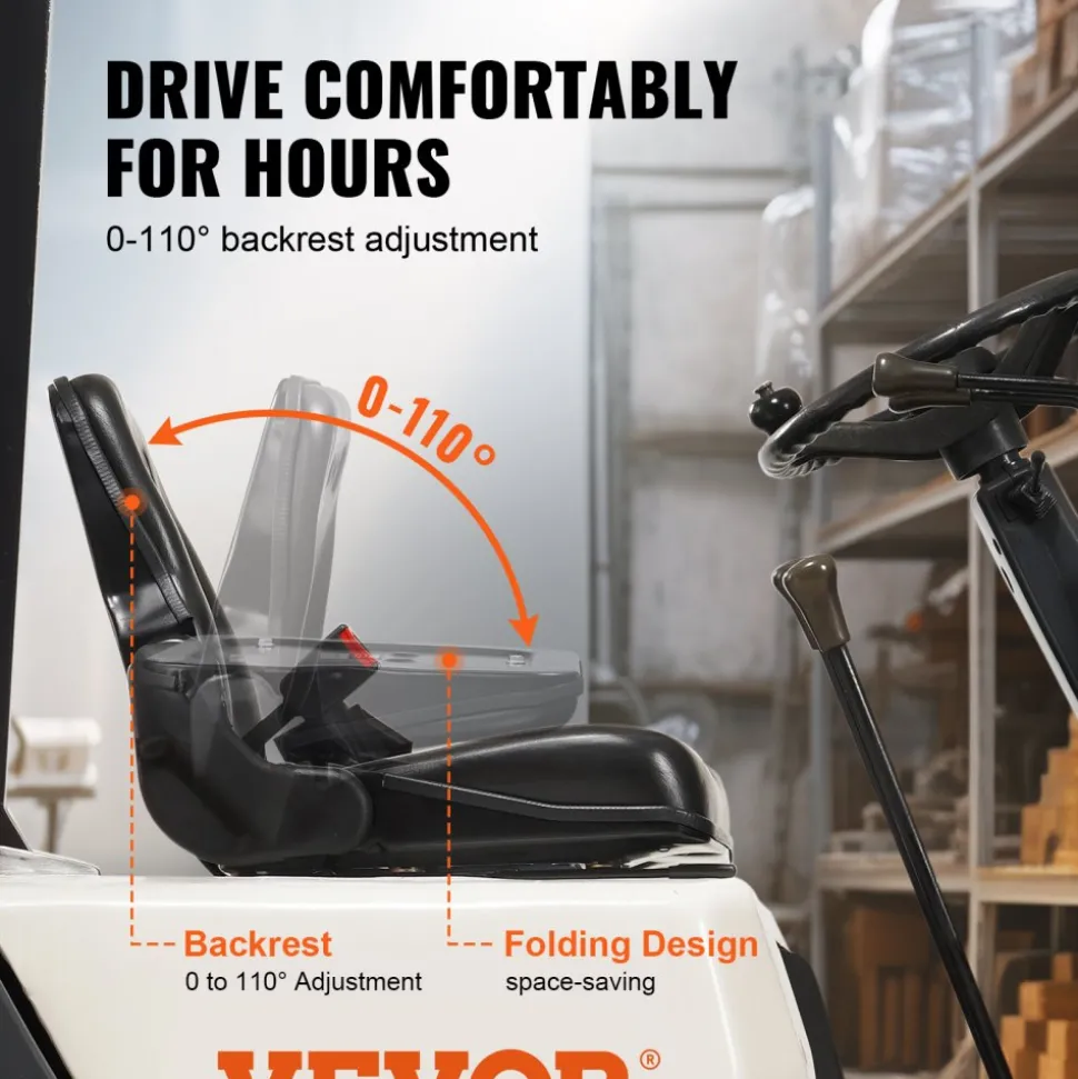 VEVOR Universal Forklift Seat, Fold Down Tractor Seat with Adjustable Angle Back, Micro Switch and Retractable Seatbelt, 6.3-13.4 inch Slot Forklift Seat for Tractor Loader Excavator