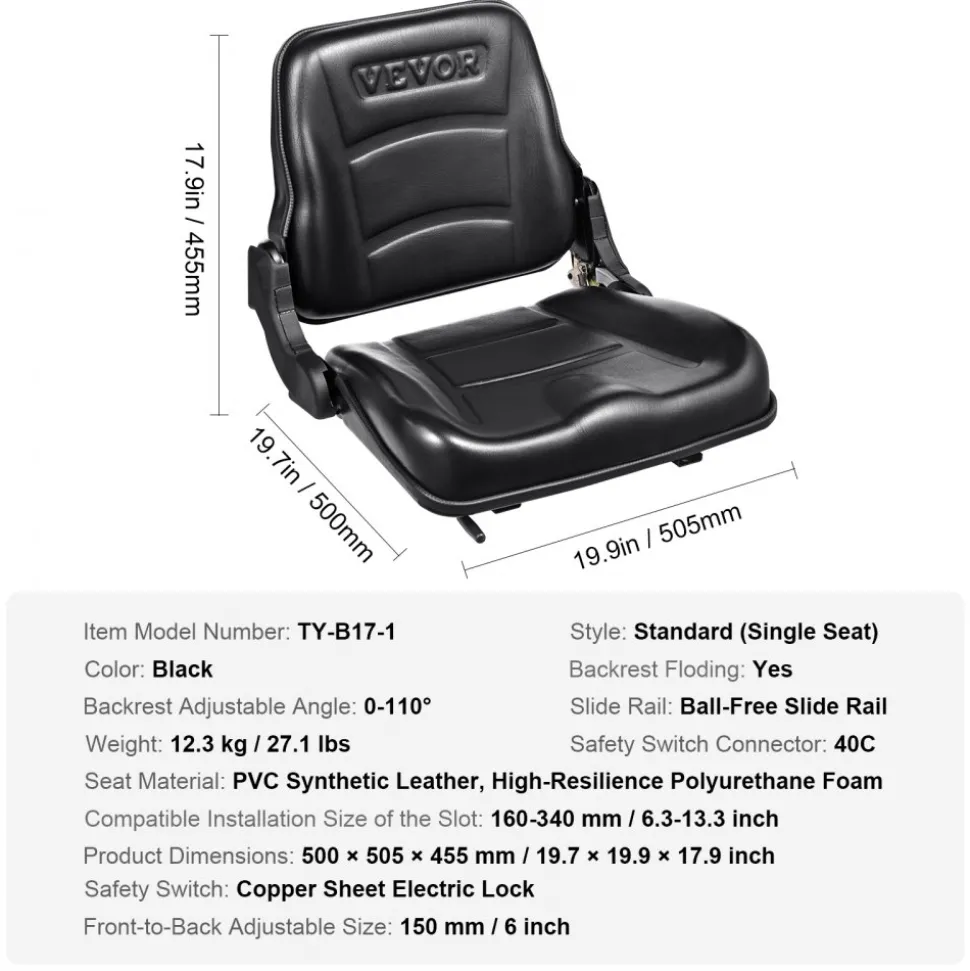 VEVOR Universal Forklift Seat, Fold Down Tractor Seat with Adjustable Angle Back and Micro Switch, 6.3-13.4 inch Extended Slot Comfortable Forklift Seat for Tractor Loader Excavator