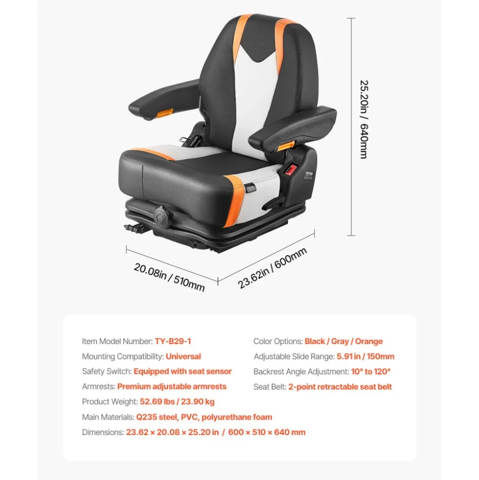 VEVOR Universal Forklift Seat, Tractor Suspension Seat with Adjustable Back, Armrest & Safety Belt, Secure Fold Down Tractor Seat with Micro Switch, Lawnmower Seat for Skid Loader Bulldozer